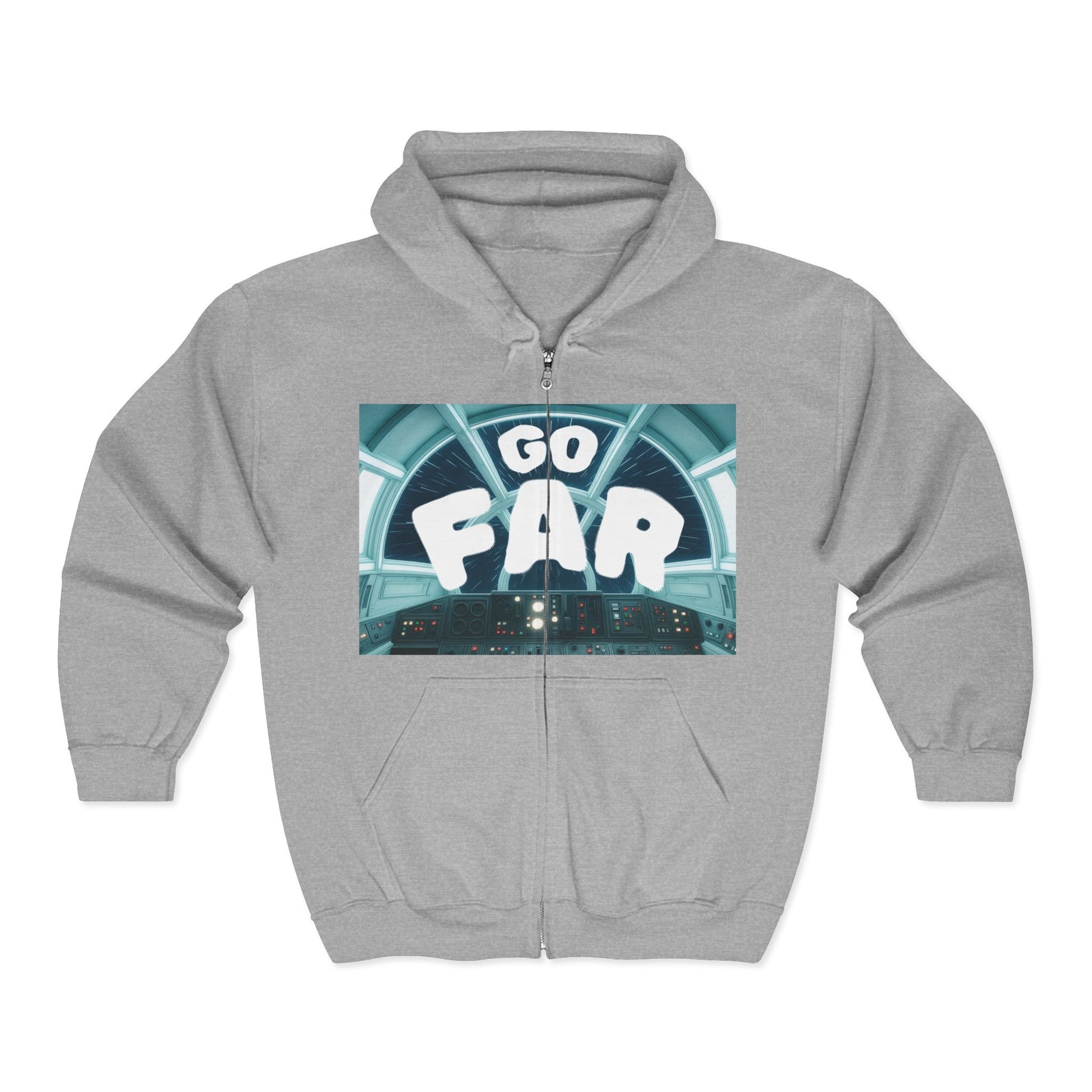 Grey zip hoodie with a GO FAR graphic
